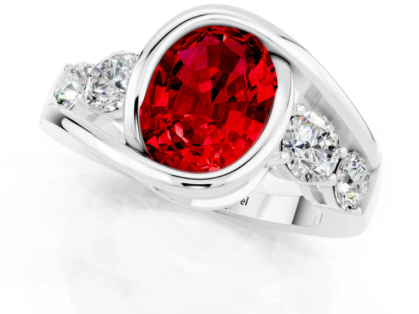 Platinum Bezel Set Oval Cut Ruby Bypass Ring with Round  Accents