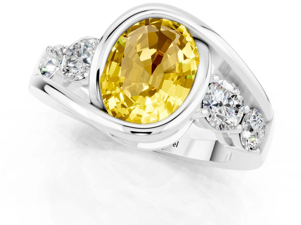 Platinum Bezel Set Oval Cut Yellow Sapphire Bypass Ring with Round  Accents