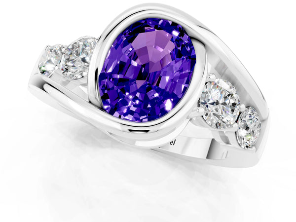 Platinum Bezel Set Oval Cut Tanzanite Bypass Ring with Round  Accents