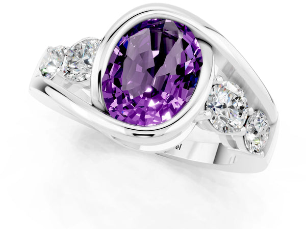 Platinum Bezel Set Oval Cut Amethyst Bypass Ring with Round  Accents