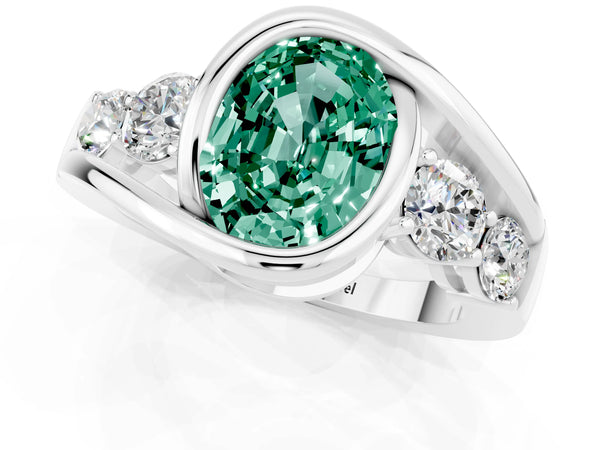 Platinum Bezel Set Oval Cut Green Sapphire Bypass Ring with Round  Accents