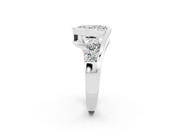 Silver Bezel Set Oval Cut Moissanite Bypass Ring with Round  Accents