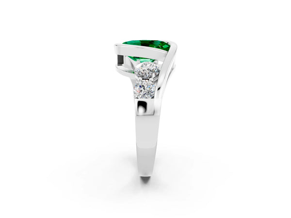 Platinum Bezel Set Oval Cut Emerald Bypass Ring with Round  Accents