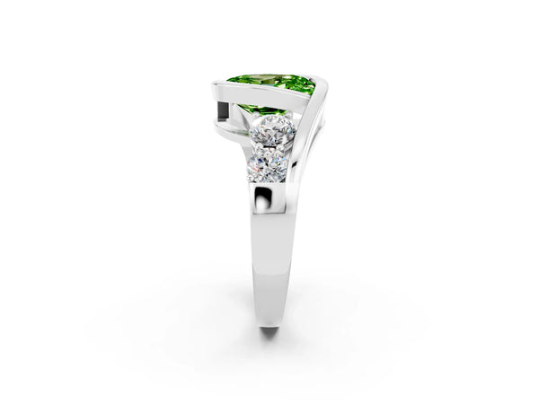 Silver Bezel Set Oval Cut Peridot Bypass Ring with Round  Accents