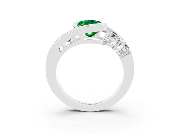 White gold Bezel Set Oval Cut Emerald Bypass Ring with Round  Accents