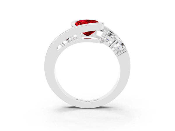 Silver Bezel Set Oval Cut Ruby Bypass Ring with Round  Accents