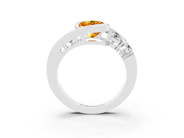 Platinum Bezel Set Oval Cut Citrine Bypass Ring with Round  Accents