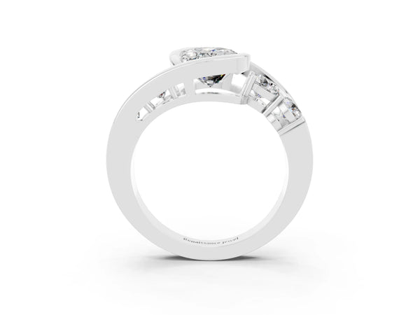 Silver Bezel Set Oval Cut Moissanite Bypass Ring with Round  Accents