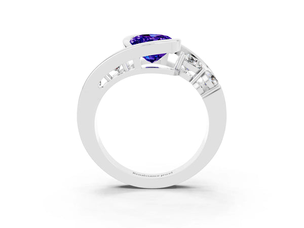 Platinum Bezel Set Oval Cut Tanzanite Bypass Ring with Round  Accents