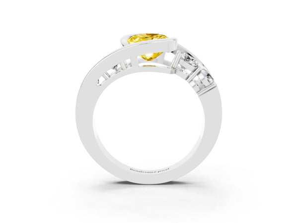 Silver Bezel Set Oval Cut Yellow Sapphire Bypass Ring with Round  Accents