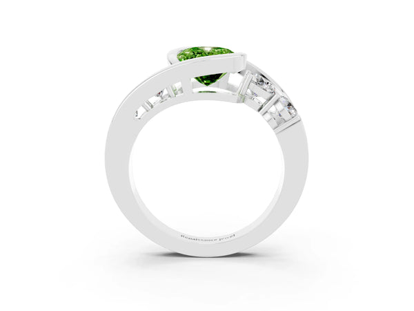 Silver Bezel Set Oval Cut Peridot Bypass Ring with Round  Accents