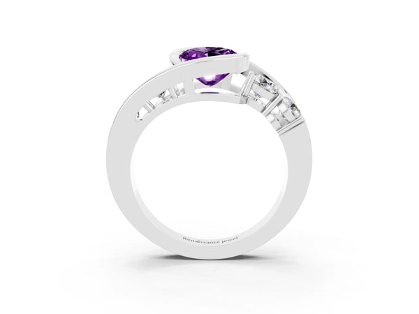 Silver Bezel Set Oval Cut Amethyst Bypass Ring with Round  Accents