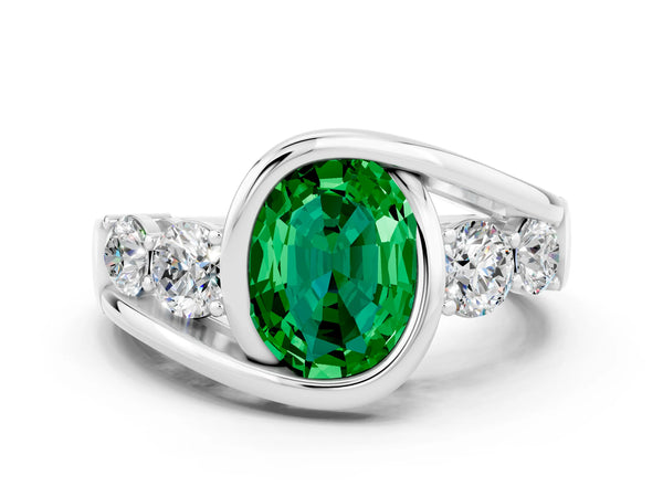 Platinum Bezel Set Oval Cut Emerald Bypass Ring with Round  Accents