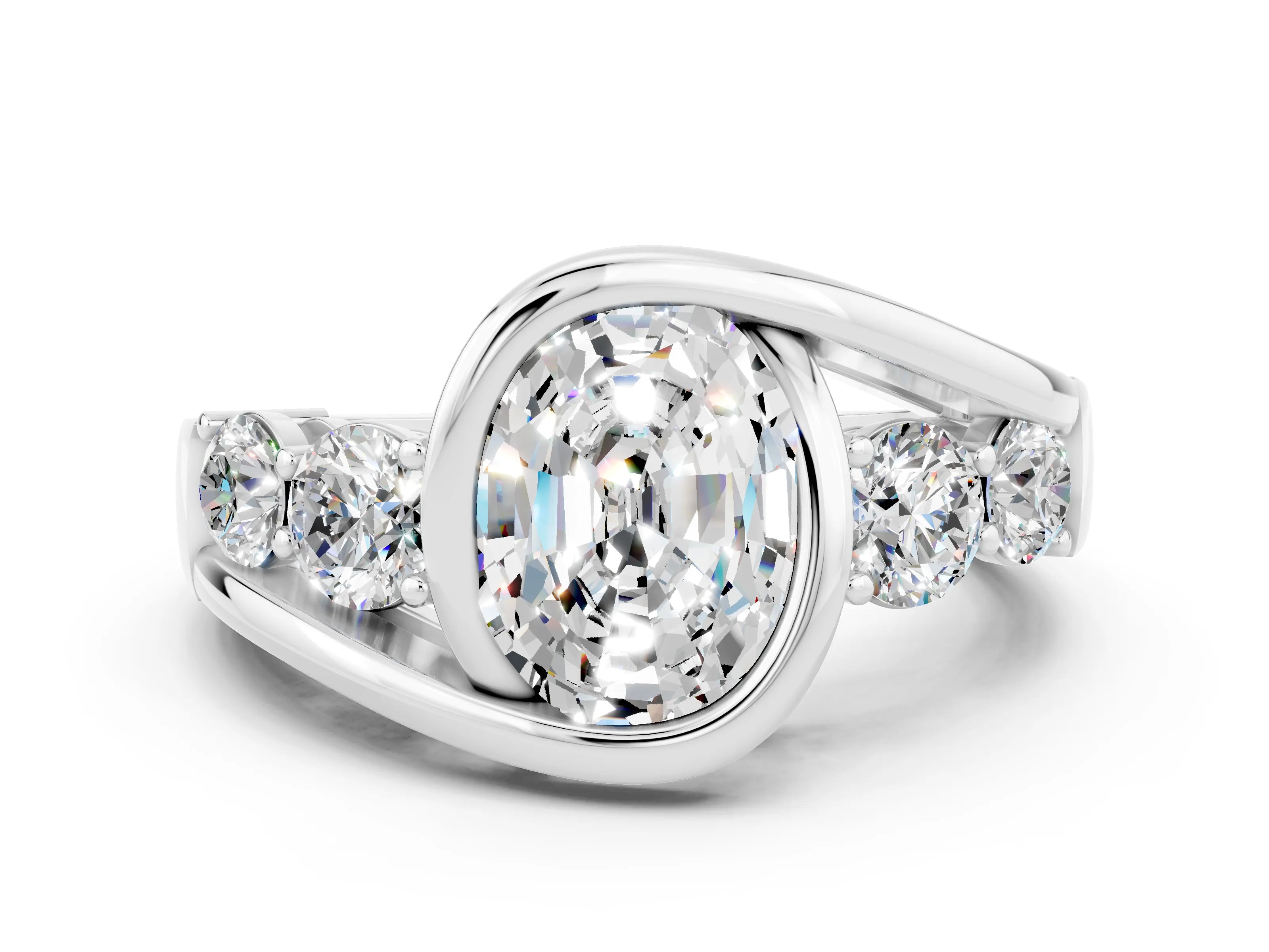 White gold Bezel Set Oval Cut Diamond Split Shank Ring