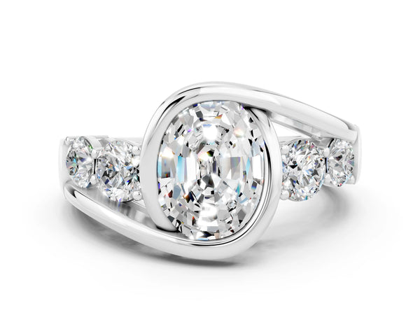 Silver Bezel Set Oval Cut Moissanite Bypass Ring with Round  Accents