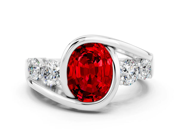 Silver Bezel Set Oval Cut Ruby Bypass Ring with Round  Accents