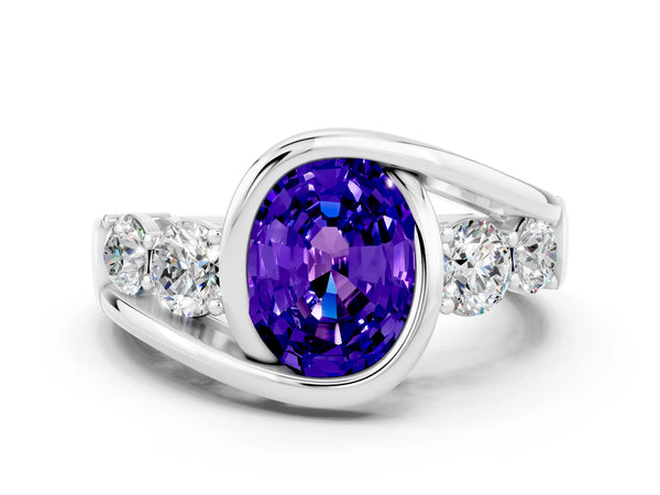 Platinum Bezel Set Oval Cut Tanzanite Bypass Ring with Round  Accents