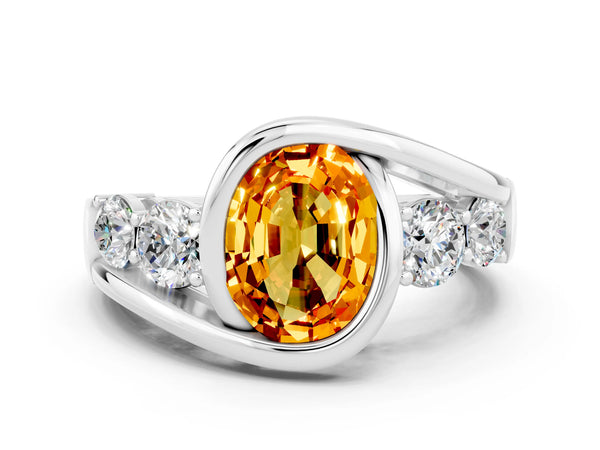 Platinum Bezel Set Oval Cut Citrine Bypass Ring with Round  Accents