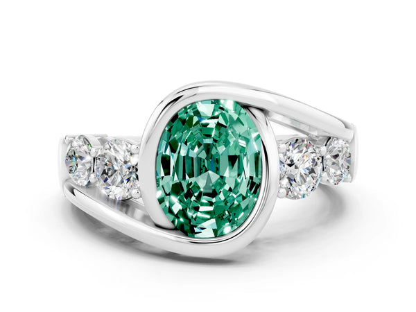 Silver Bezel Set Oval Cut Green Sapphire Bypass Ring with Round  Accents