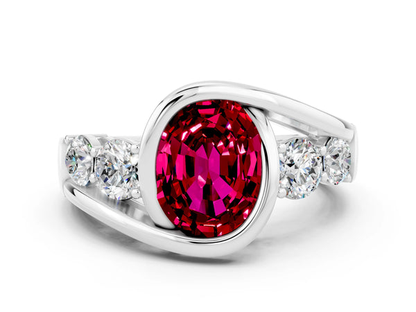 Silver Bezel Set Oval Cut Garnet Bypass Ring with Round  Accents