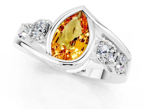 White gold Bezel Set Pear Cut Citrine Bypass Ring with Round  Accents