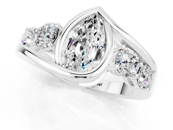 Silver Bezel Set Pear Cut Moissanite Bypass Ring with Round  Accents