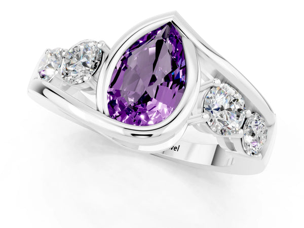 Silver Bezel Set Pear Cut Amethyst Bypass Ring with Round  Accents