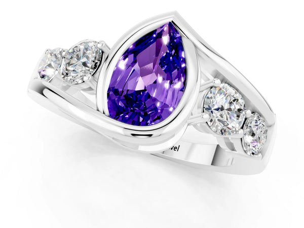 Silver Bezel Set Pear Cut Tanzanite Bypass Ring with Round  Accents