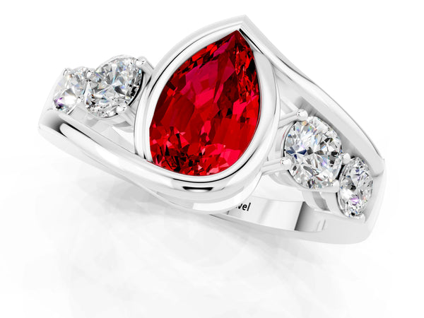 Platinum Bezel Set Pear Cut Ruby Bypass Ring with Round  Accents