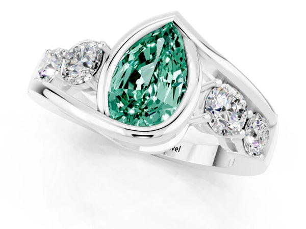 Silver Bezel Set Pear Cut Green Sapphire Bypass Ring with Round  Accents