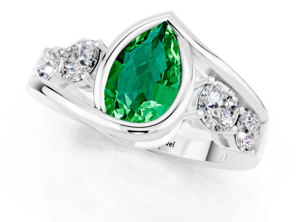 White gold Bezel Set Pear Cut Emerald Bypass Ring with Round  Accents