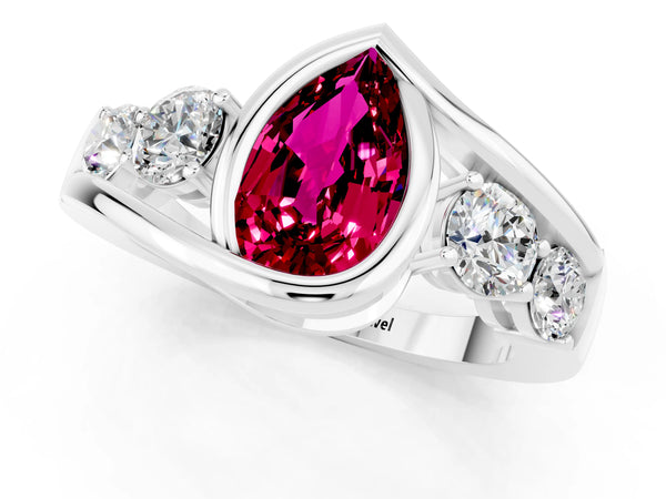 Silver Bezel Set Pear Cut Garnet Bypass Ring with Round  Accents
