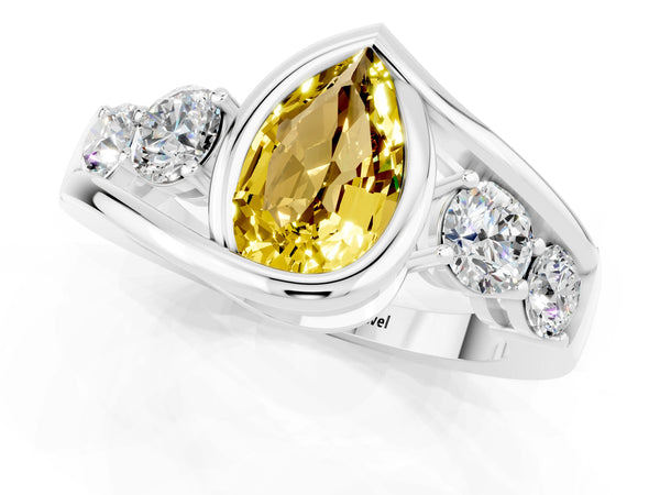 White gold Bezel Set Pear Cut Yellow Sapphire Bypass Ring with Round  Accents