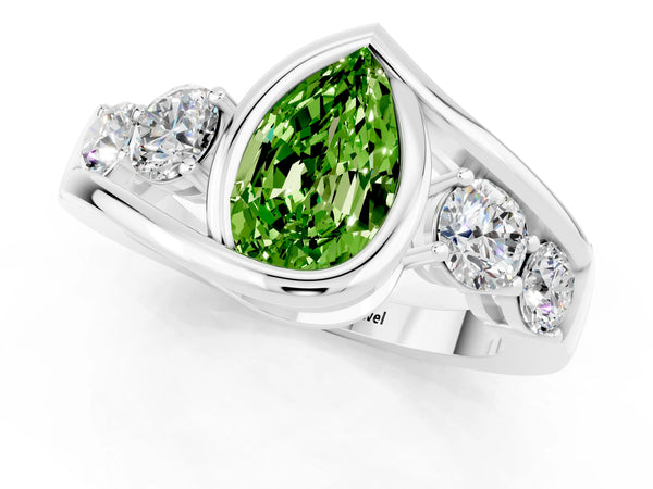 Platinum Bezel Set Pear Cut Peridot Bypass Ring with Round  Accents