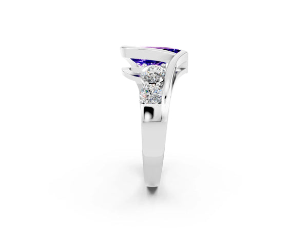 Platinum Bezel Set Pear Cut Tanzanite Bypass Ring with Round  Accents