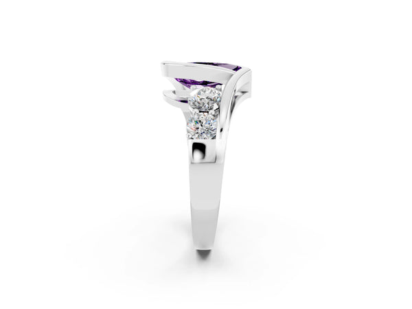 Silver Bezel Set Pear Cut Amethyst Bypass Ring with Round  Accents
