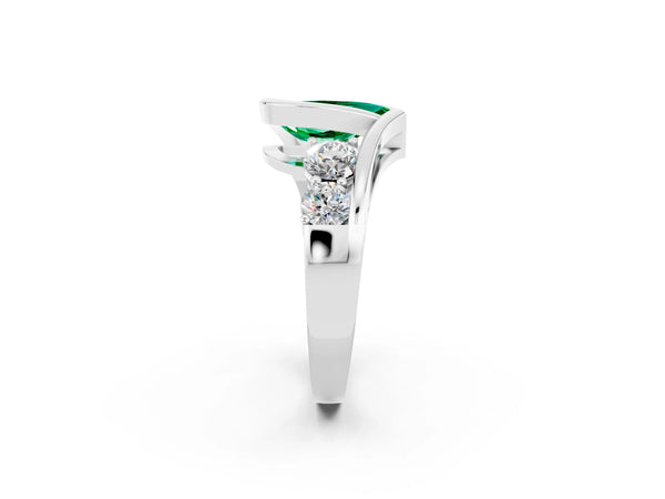 Silver Bezel Set Pear Cut Emerald Bypass Ring with Round  Accents