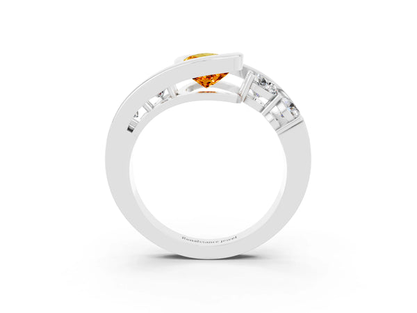 Silver Bezel Set Pear Cut Citrine Bypass Ring with Round  Accents