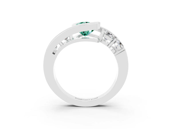 Platinum Bezel Set Pear Cut Green Sapphire Bypass Ring with Round  Accents