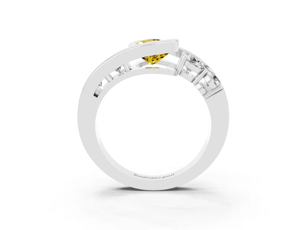 Silver Bezel Set Pear Cut Yellow Sapphire Bypass Ring with Round  Accents