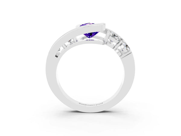 Platinum Bezel Set Pear Cut Tanzanite Bypass Ring with Round  Accents