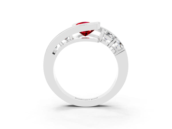 Silver Bezel Set Pear Cut Ruby Bypass Ring with Round  Accents