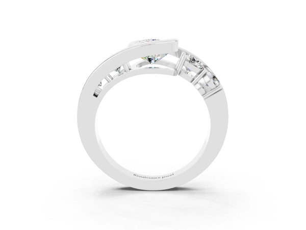 Silver Bezel Set Pear Cut Moissanite Bypass Ring with Round  Accents