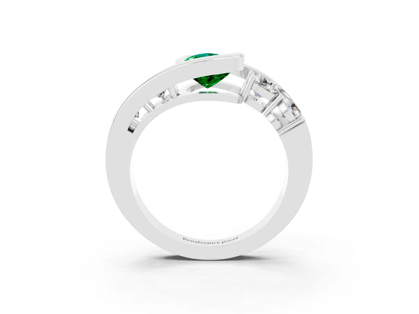 Silver Bezel Set Pear Cut Emerald Bypass Ring with Round  Accents