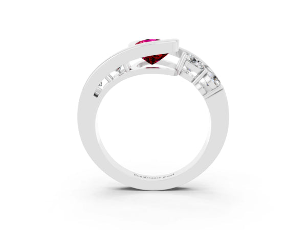 Platinum Bezel Set Pear Cut Garnet Bypass Ring with Round  Accents