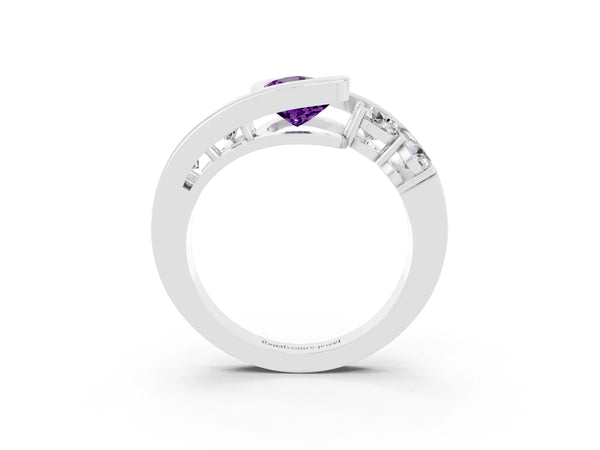 Silver Bezel Set Pear Cut Amethyst Bypass Ring with Round  Accents