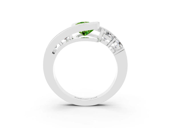 Silver Bezel Set Pear Cut Peridot Bypass Ring with Round  Accents