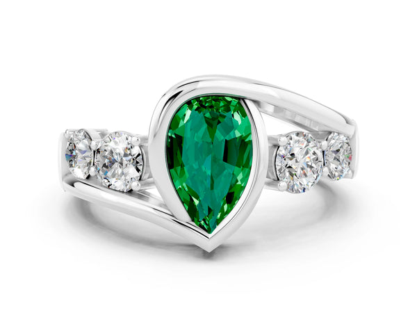 White gold Bezel Set Pear Cut Emerald Bypass Ring with Round  Accents