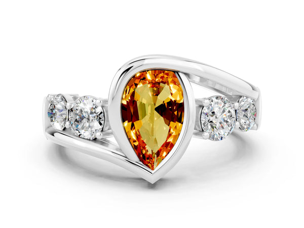 Platinum Bezel Set Pear Cut Citrine Bypass Ring with Round  Accents