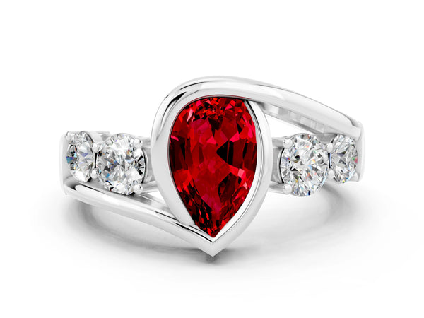 Platinum Bezel Set Pear Cut Ruby Bypass Ring with Round  Accents